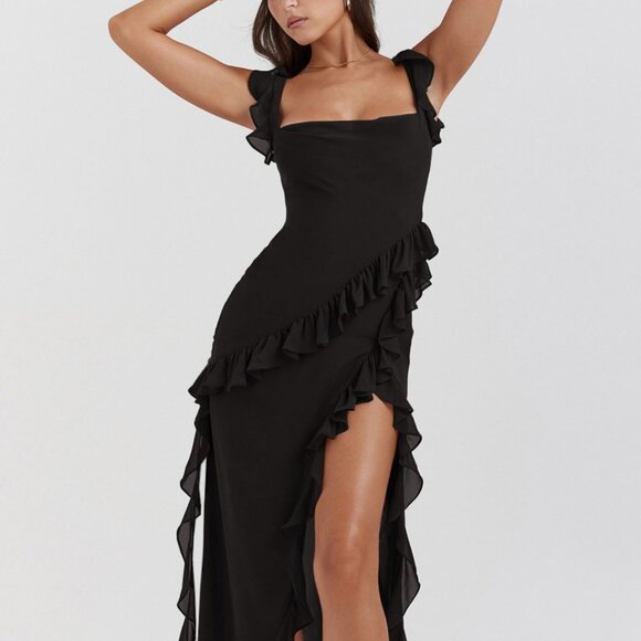 Split Ruffled Square Neck Maxi Dress | New Sleeveless Sheath Dress w/ Leg Slit - Picture 8 of 10